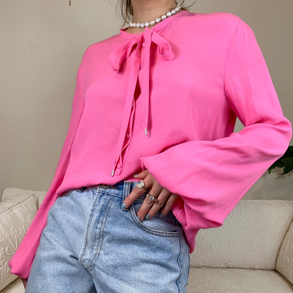 DVF Bubblegum Pink Balloon Sleeve Tie Blouse.